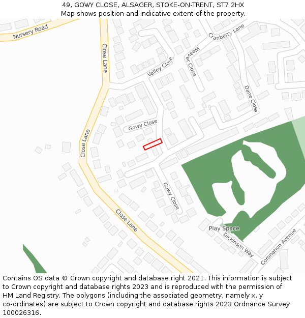 49, GOWY CLOSE, ALSAGER, STOKE-ON-TRENT, ST7 2HX: Location map and indicative extent of plot