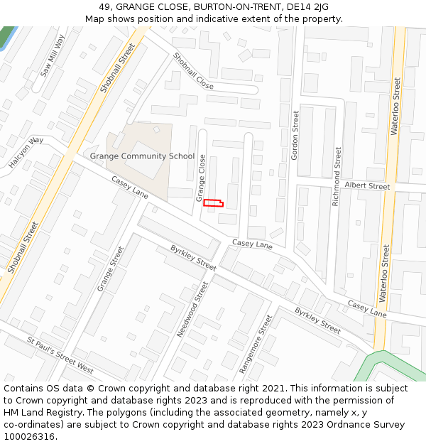 49, GRANGE CLOSE, BURTON-ON-TRENT, DE14 2JG: Location map and indicative extent of plot