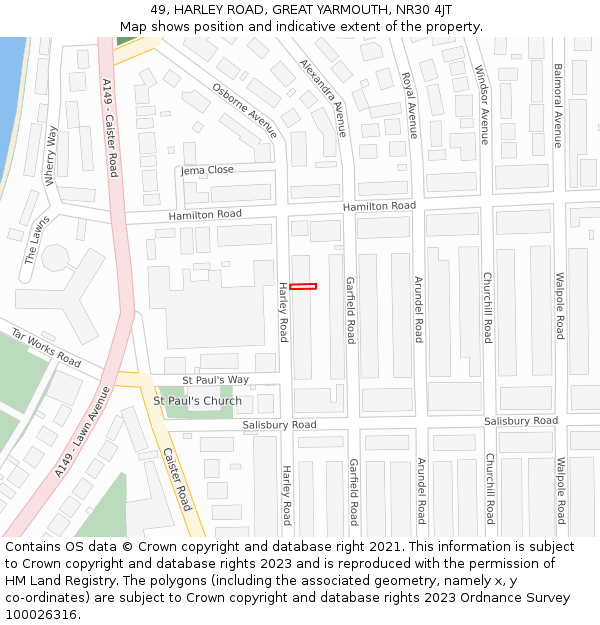 49, HARLEY ROAD, GREAT YARMOUTH, NR30 4JT: Location map and indicative extent of plot