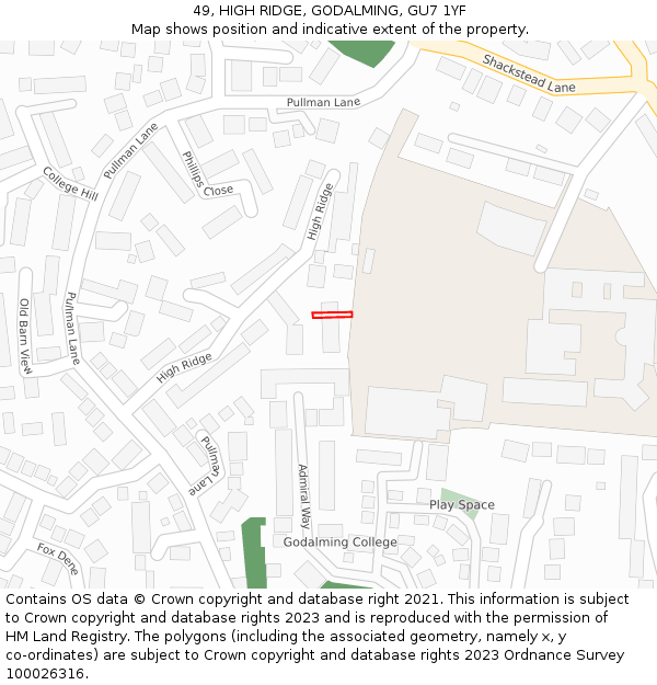 49, HIGH RIDGE, GODALMING, GU7 1YF: Location map and indicative extent of plot