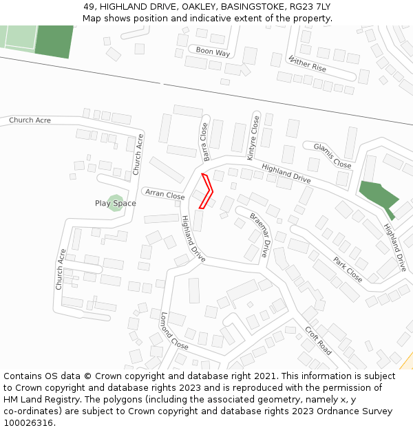 49, HIGHLAND DRIVE, OAKLEY, BASINGSTOKE, RG23 7LY: Location map and indicative extent of plot