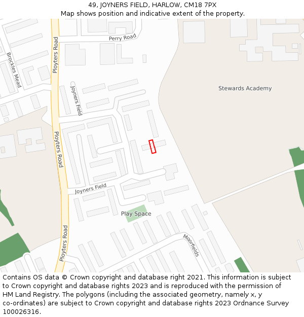 49, JOYNERS FIELD, HARLOW, CM18 7PX: Location map and indicative extent of plot