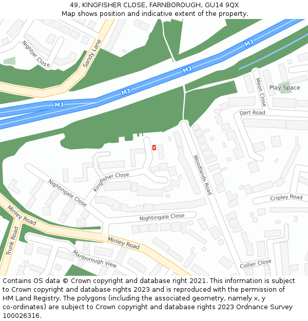 49, KINGFISHER CLOSE, FARNBOROUGH, GU14 9QX: Location map and indicative extent of plot