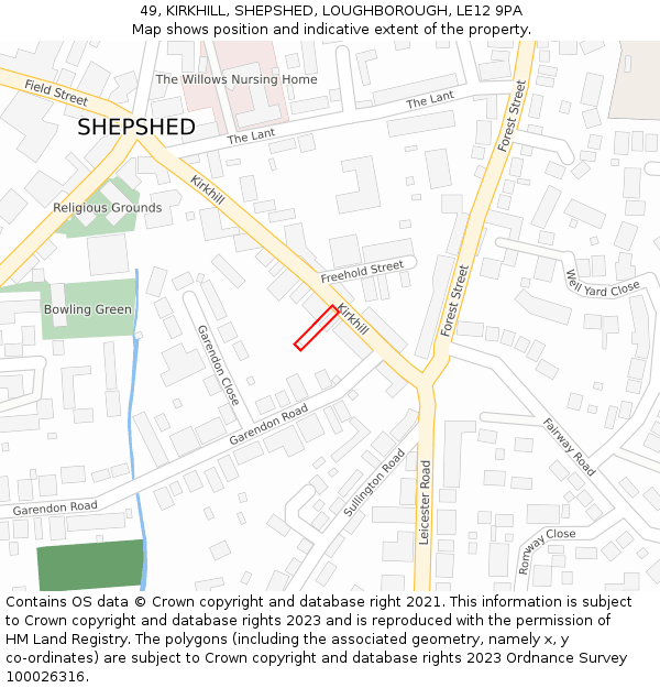 49, KIRKHILL, SHEPSHED, LOUGHBOROUGH, LE12 9PA: Location map and indicative extent of plot
