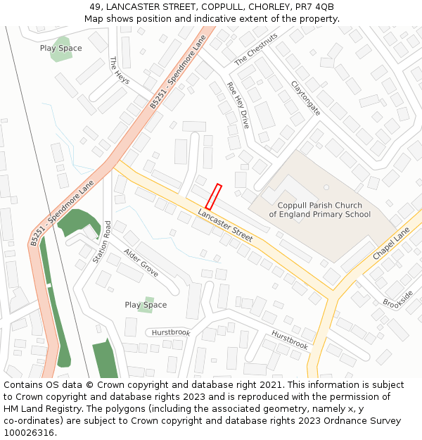 49, LANCASTER STREET, COPPULL, CHORLEY, PR7 4QB: Location map and indicative extent of plot