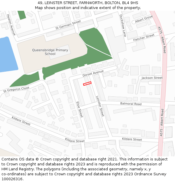 49, LEINSTER STREET, FARNWORTH, BOLTON, BL4 9HS: Location map and indicative extent of plot