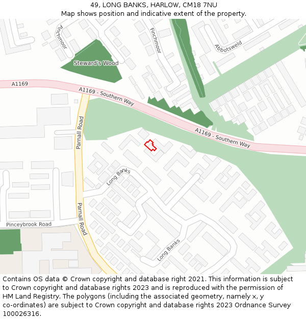 49, LONG BANKS, HARLOW, CM18 7NU: Location map and indicative extent of plot