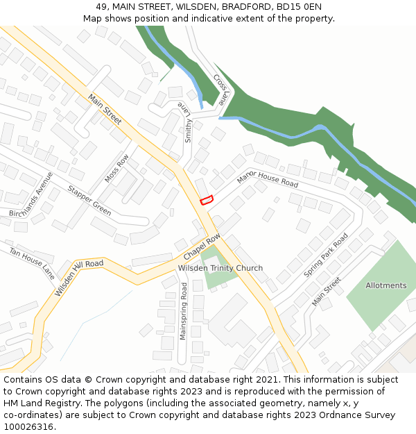 49, MAIN STREET, WILSDEN, BRADFORD, BD15 0EN: Location map and indicative extent of plot