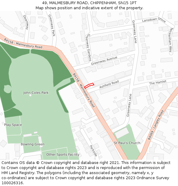 49, MALMESBURY ROAD, CHIPPENHAM, SN15 1PT: Location map and indicative extent of plot