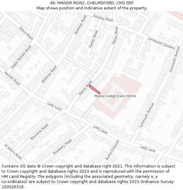 49, MANOR ROAD, CHELMSFORD, CM2 0EP: Location map and indicative extent of plot