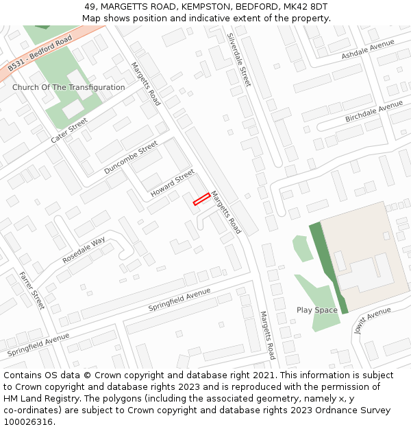 49, MARGETTS ROAD, KEMPSTON, BEDFORD, MK42 8DT: Location map and indicative extent of plot