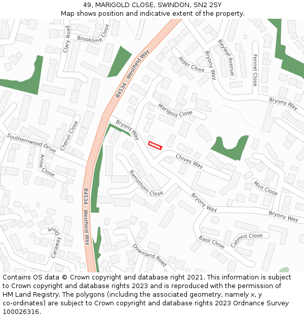 49, MARIGOLD CLOSE, SWINDON, SN2 2SY: Location map and indicative extent of plot
