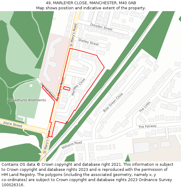 49, MARLEYER CLOSE, MANCHESTER, M40 0AB: Location map and indicative extent of plot