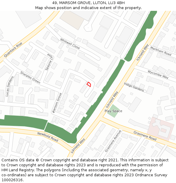 49, MARSOM GROVE, LUTON, LU3 4BH: Location map and indicative extent of plot