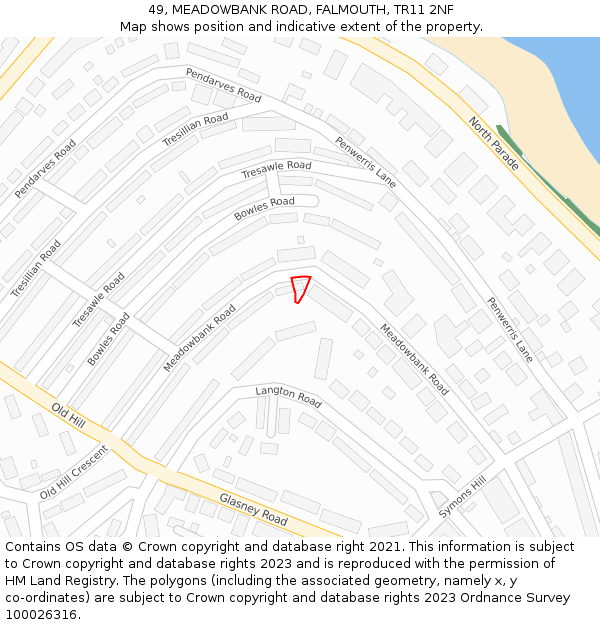 49, MEADOWBANK ROAD, FALMOUTH, TR11 2NF: Location map and indicative extent of plot