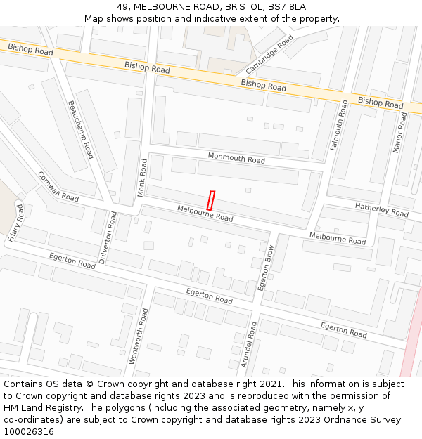 49, MELBOURNE ROAD, BRISTOL, BS7 8LA: Location map and indicative extent of plot
