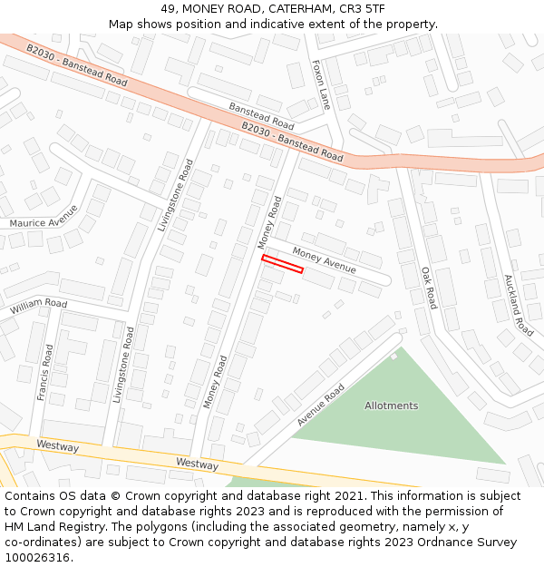49, MONEY ROAD, CATERHAM, CR3 5TF: Location map and indicative extent of plot