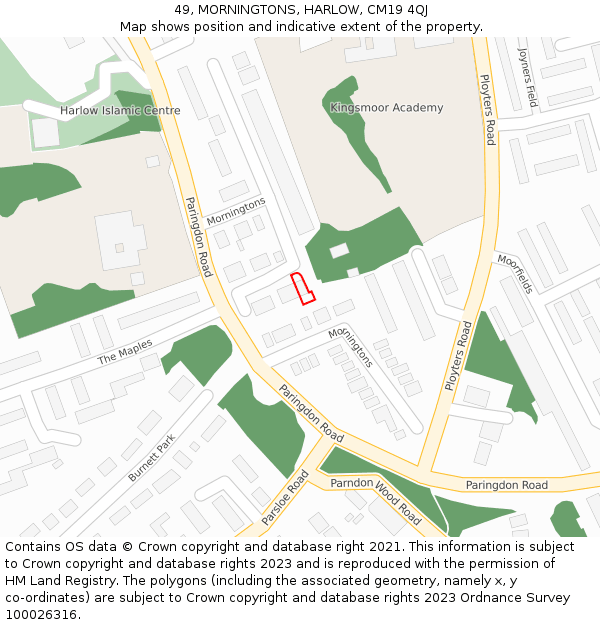 49, MORNINGTONS, HARLOW, CM19 4QJ: Location map and indicative extent of plot