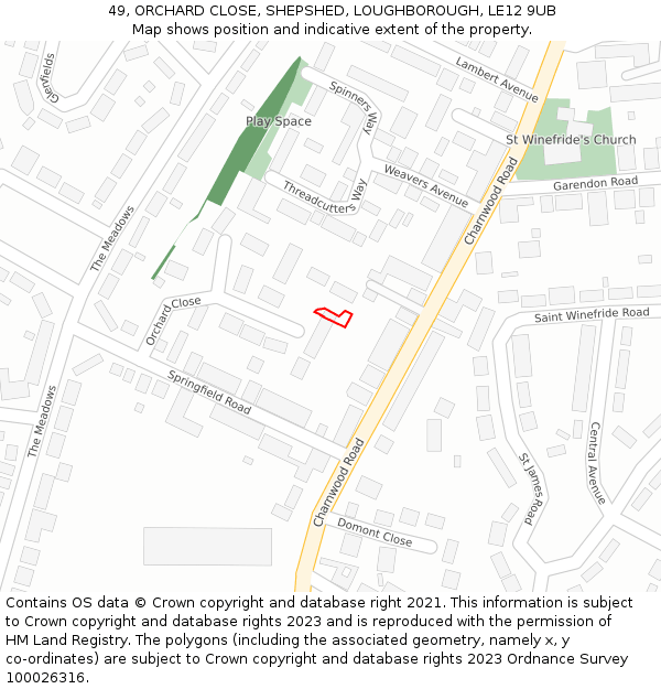 49, ORCHARD CLOSE, SHEPSHED, LOUGHBOROUGH, LE12 9UB: Location map and indicative extent of plot