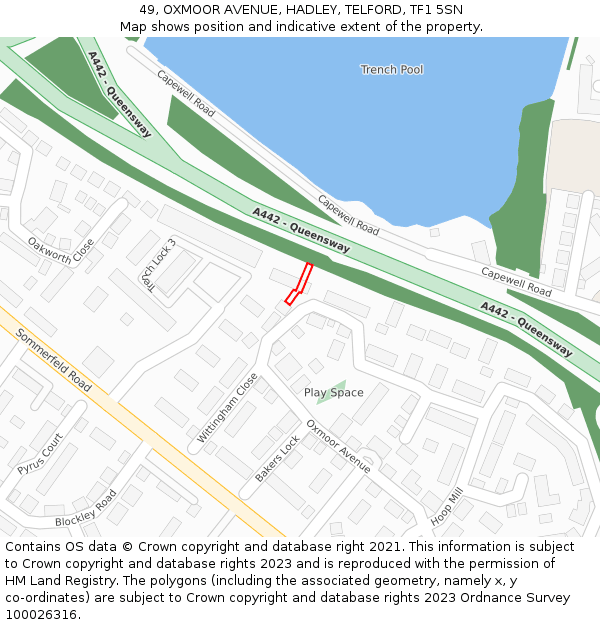 49, OXMOOR AVENUE, HADLEY, TELFORD, TF1 5SN: Location map and indicative extent of plot