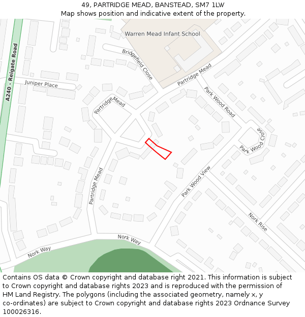 49, PARTRIDGE MEAD, BANSTEAD, SM7 1LW: Location map and indicative extent of plot