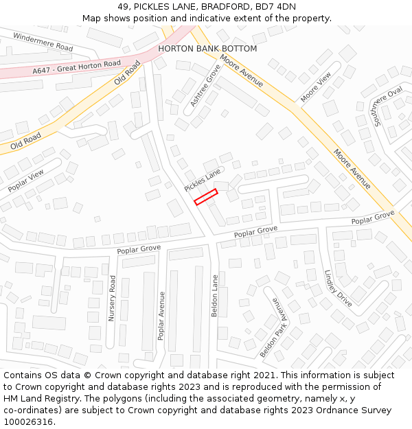 49, PICKLES LANE, BRADFORD, BD7 4DN: Location map and indicative extent of plot