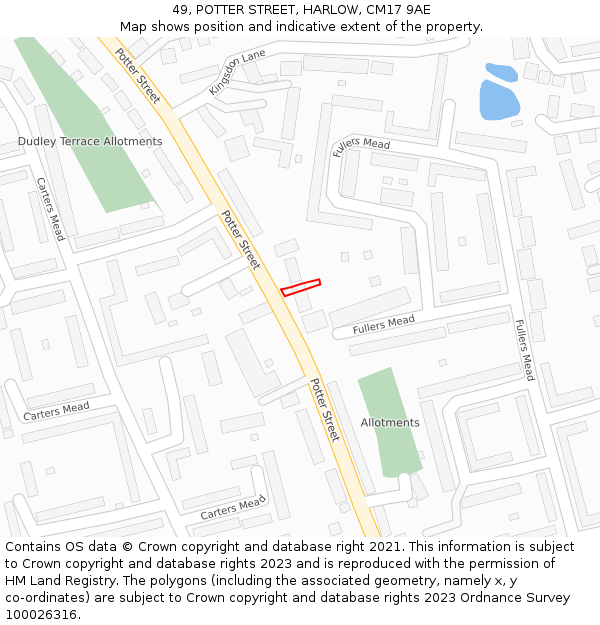 49, POTTER STREET, HARLOW, CM17 9AE: Location map and indicative extent of plot