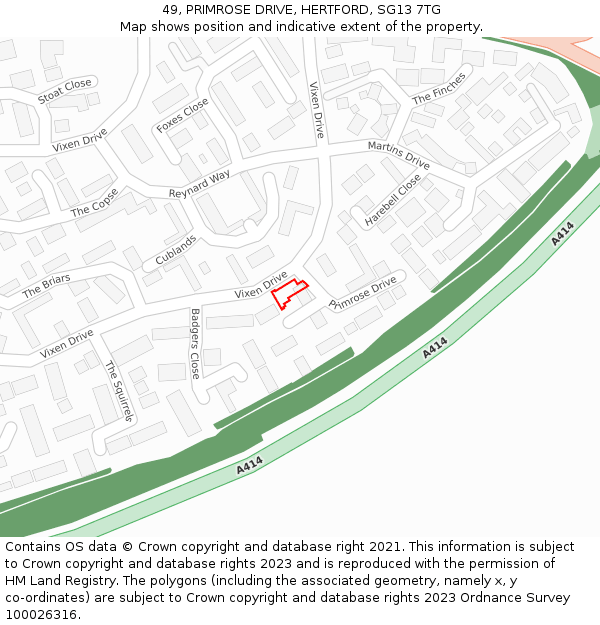 49, PRIMROSE DRIVE, HERTFORD, SG13 7TG: Location map and indicative extent of plot
