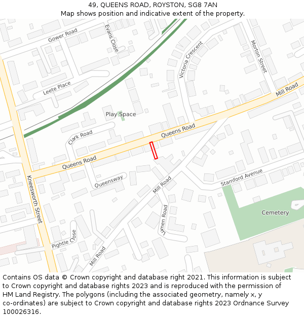 49, QUEENS ROAD, ROYSTON, SG8 7AN: Location map and indicative extent of plot