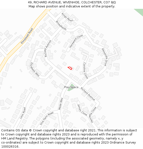 49, RICHARD AVENUE, WIVENHOE, COLCHESTER, CO7 9JQ: Location map and indicative extent of plot
