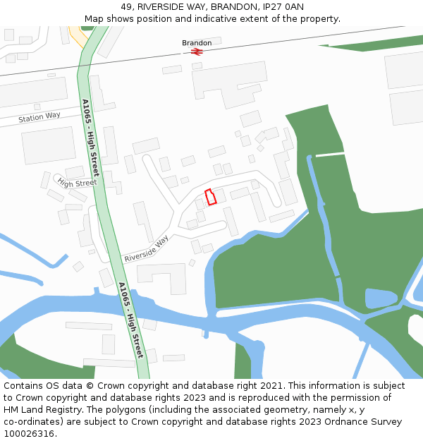 49, RIVERSIDE WAY, BRANDON, IP27 0AN: Location map and indicative extent of plot