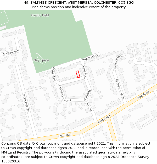49, SALTINGS CRESCENT, WEST MERSEA, COLCHESTER, CO5 8GG: Location map and indicative extent of plot