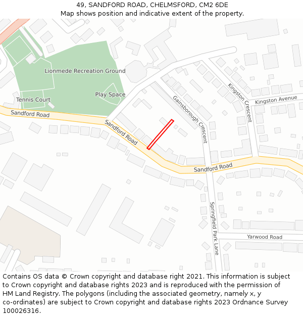 49, SANDFORD ROAD, CHELMSFORD, CM2 6DE: Location map and indicative extent of plot