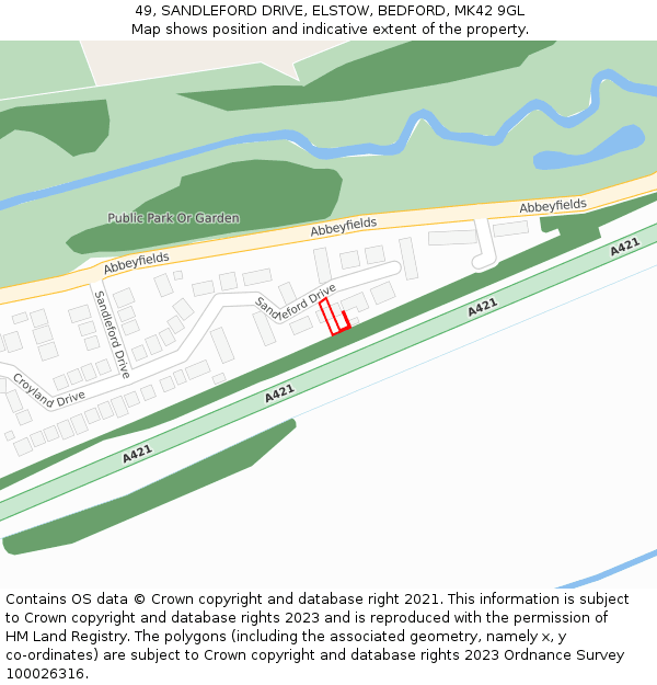 49, SANDLEFORD DRIVE, ELSTOW, BEDFORD, MK42 9GL: Location map and indicative extent of plot