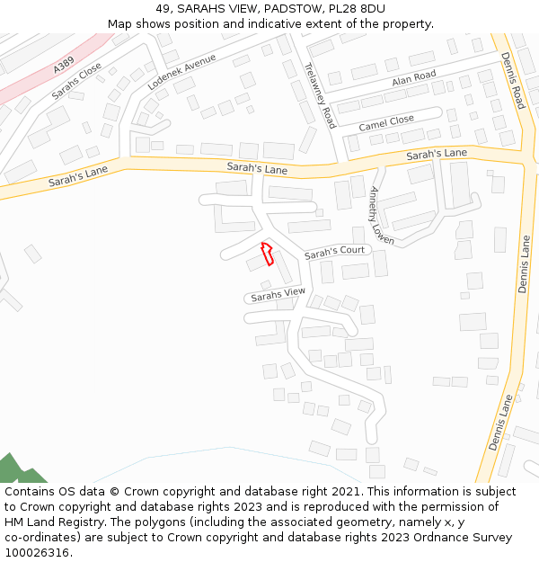 49, SARAHS VIEW, PADSTOW, PL28 8DU: Location map and indicative extent of plot