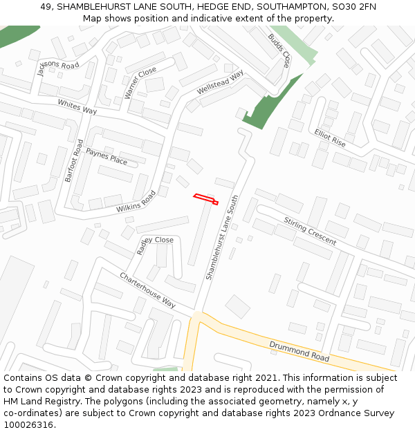 49, SHAMBLEHURST LANE SOUTH, HEDGE END, SOUTHAMPTON, SO30 2FN: Location map and indicative extent of plot
