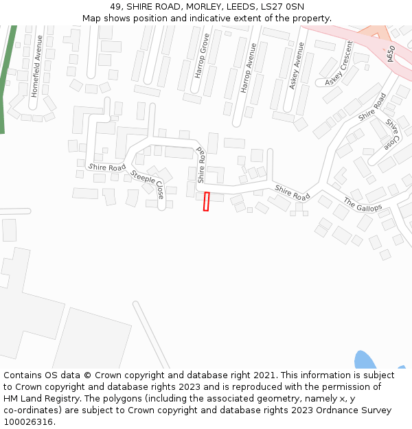 49, SHIRE ROAD, MORLEY, LEEDS, LS27 0SN: Location map and indicative extent of plot