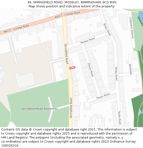 49, SPRINGFIELD ROAD, MOSELEY, BIRMINGHAM, B13 9NN: Location map and indicative extent of plot