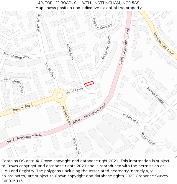 49, TOPLIFF ROAD, CHILWELL, NOTTINGHAM, NG9 5AS: Location map and indicative extent of plot