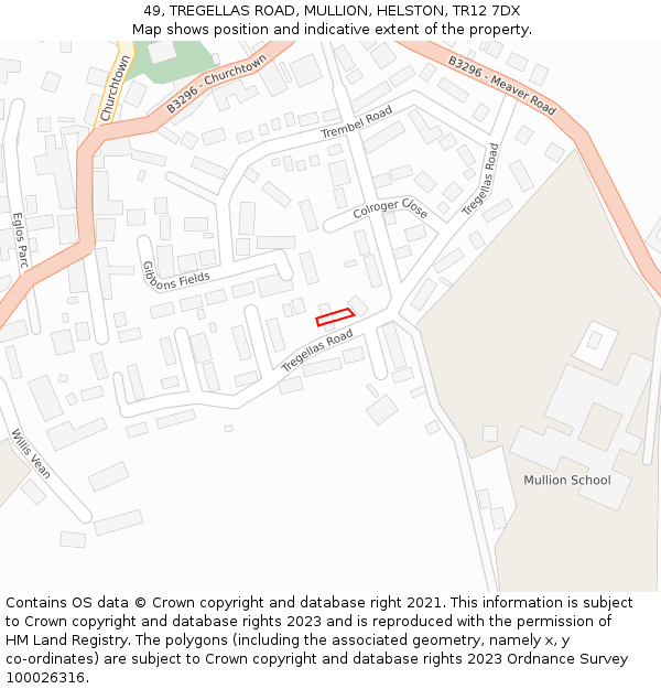 49, TREGELLAS ROAD, MULLION, HELSTON, TR12 7DX: Location map and indicative extent of plot