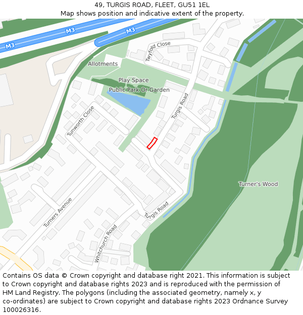 49, TURGIS ROAD, FLEET, GU51 1EL: Location map and indicative extent of plot