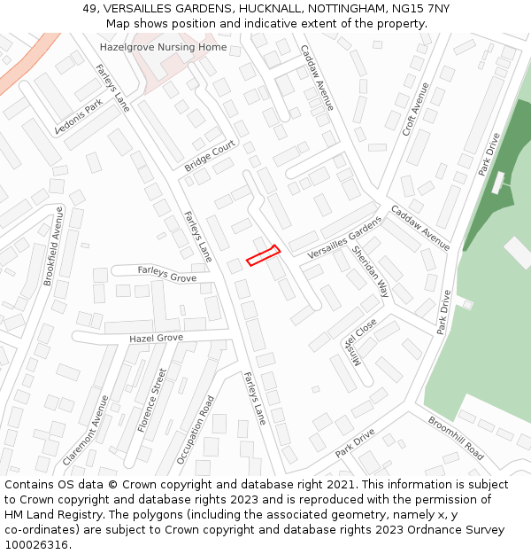 49, VERSAILLES GARDENS, HUCKNALL, NOTTINGHAM, NG15 7NY: Location map and indicative extent of plot