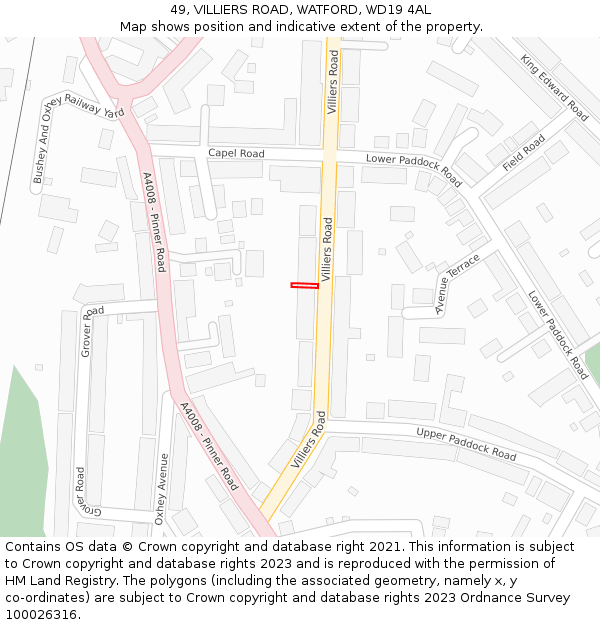 49, VILLIERS ROAD, WATFORD, WD19 4AL: Location map and indicative extent of plot