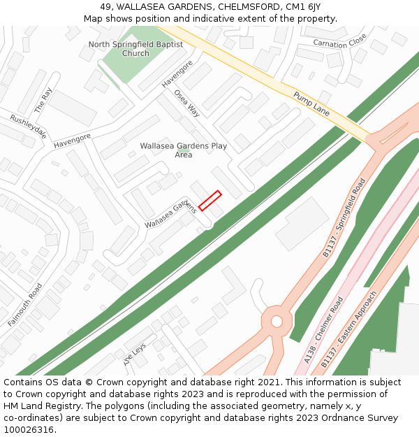 49, WALLASEA GARDENS, CHELMSFORD, CM1 6JY: Location map and indicative extent of plot