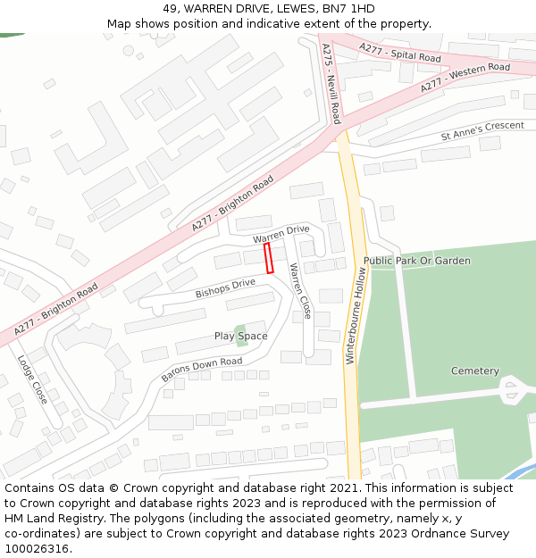 49, WARREN DRIVE, LEWES, BN7 1HD: Location map and indicative extent of plot