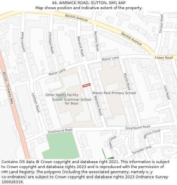 49, WARWICK ROAD, SUTTON, SM1 4AP: Location map and indicative extent of plot