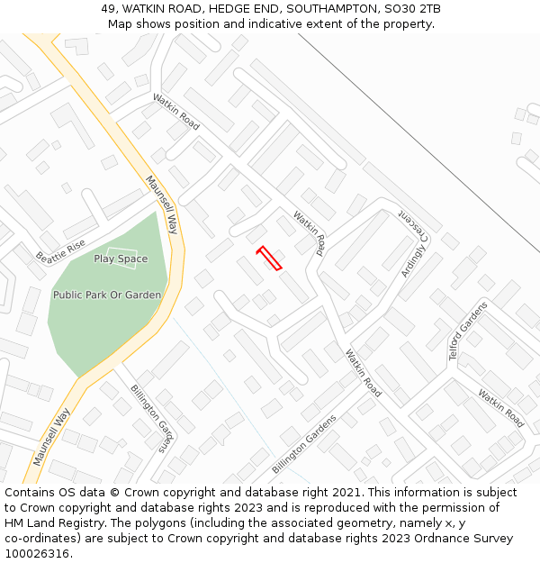 49, WATKIN ROAD, HEDGE END, SOUTHAMPTON, SO30 2TB: Location map and indicative extent of plot