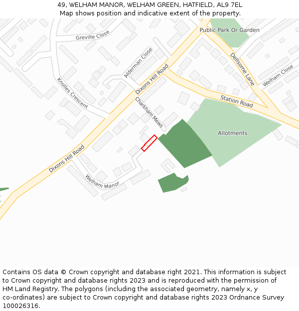 49, WELHAM MANOR, WELHAM GREEN, HATFIELD, AL9 7EL: Location map and indicative extent of plot