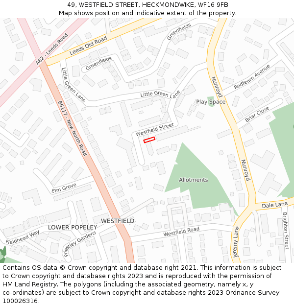 49, WESTFIELD STREET, HECKMONDWIKE, WF16 9FB: Location map and indicative extent of plot