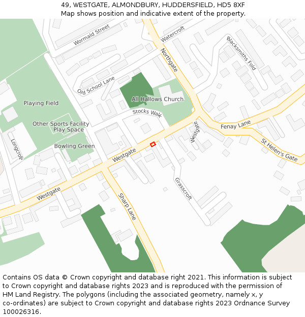 49, WESTGATE, ALMONDBURY, HUDDERSFIELD, HD5 8XF: Location map and indicative extent of plot